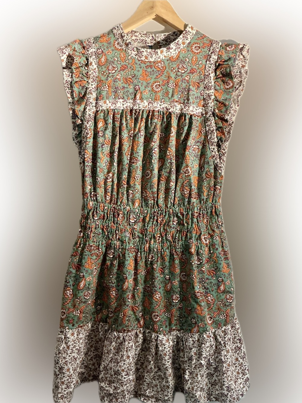 Cottagecore Floral Cotton Linen Dress Medium Green Flutter Sleeve Pockets